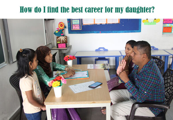 A group of people sitting at a table discussing about the best career for their child