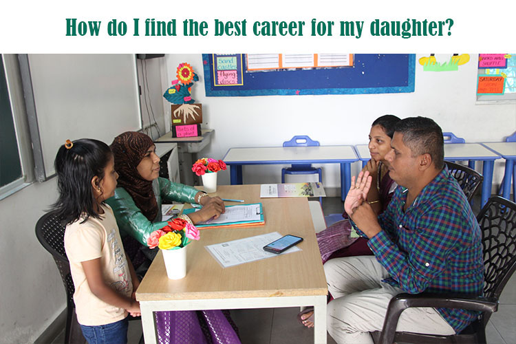 A group of people sitting at a table discussing about the best career for their child