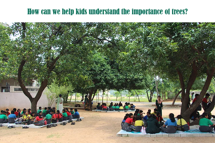 Children planting trees outdoors, learning about nature and environment.
