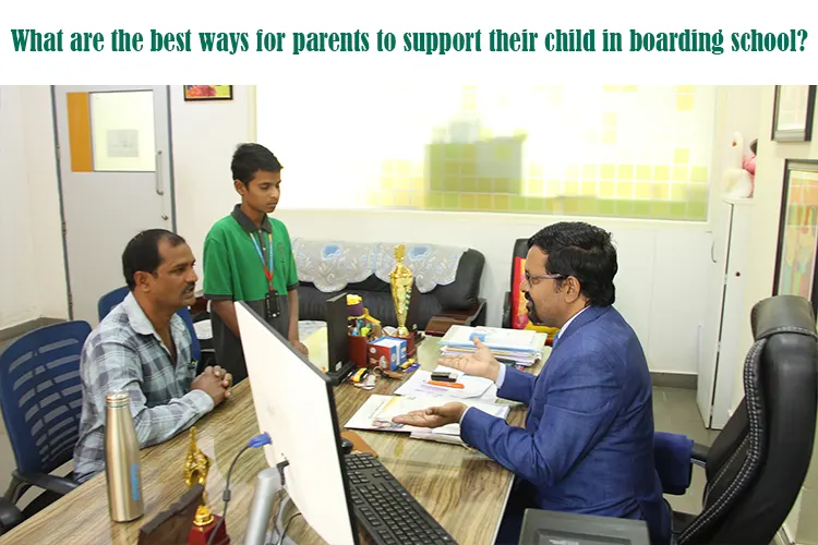 Parent talking to teacher child studying in a boarding school room.