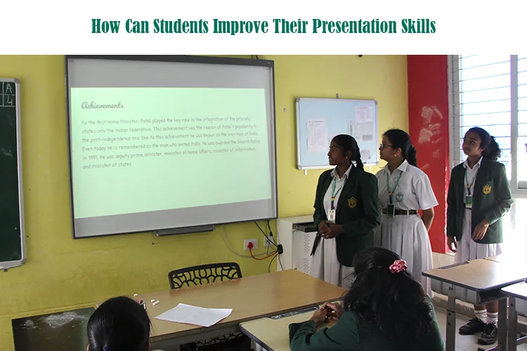 Confident student giving a presentation in front of class, showcasing strong presentation skills.