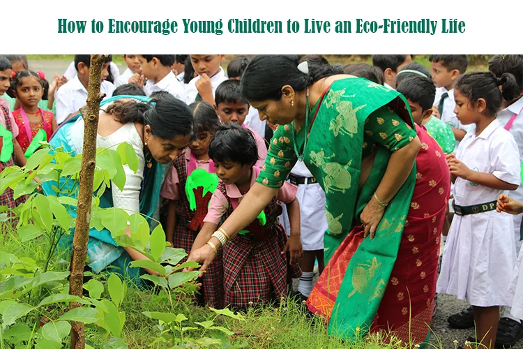 Children planting saplings in school to promote eco-friendly life habits