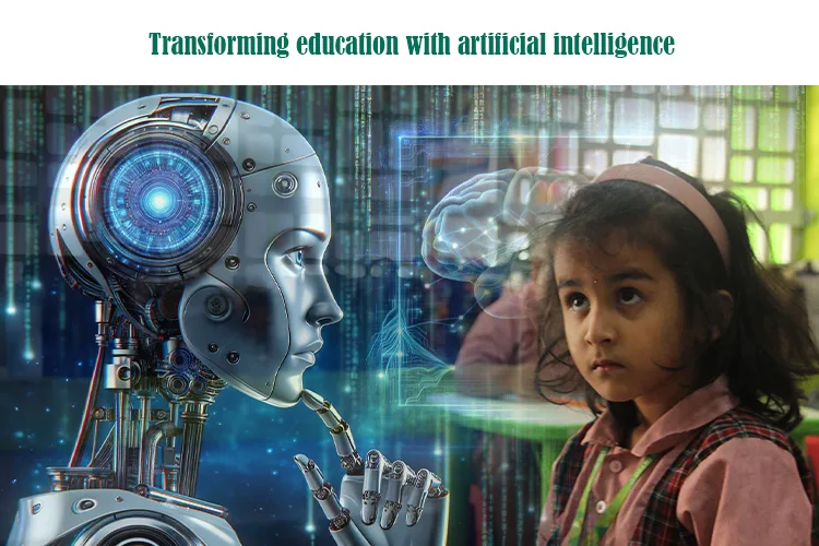 A young student looks thoughtfully towards a futuristic robot, with a holographic brain overlayed, symbolising the concept of artificial intelligence transforming education.