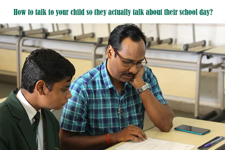 Man talking with a student in school uniform, encouraging open conversation about the school day, promoting child communication