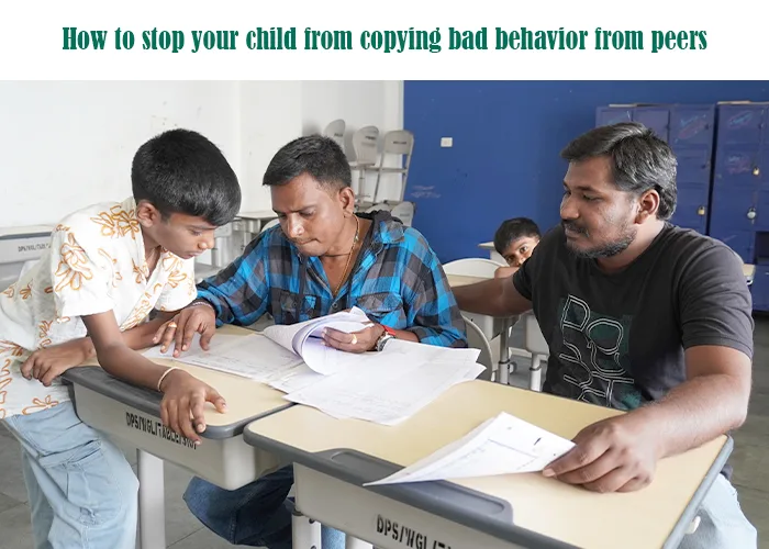 A parent or mentor talking calmly with a student about study materials, addressing child behavior problems from peer influence.
