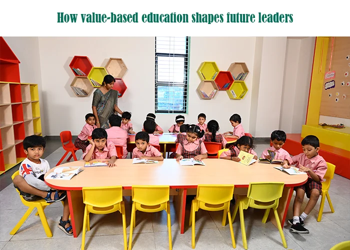 Young students and teachers in a colorful classroom, illustrating how value-based education shapes future leaders.