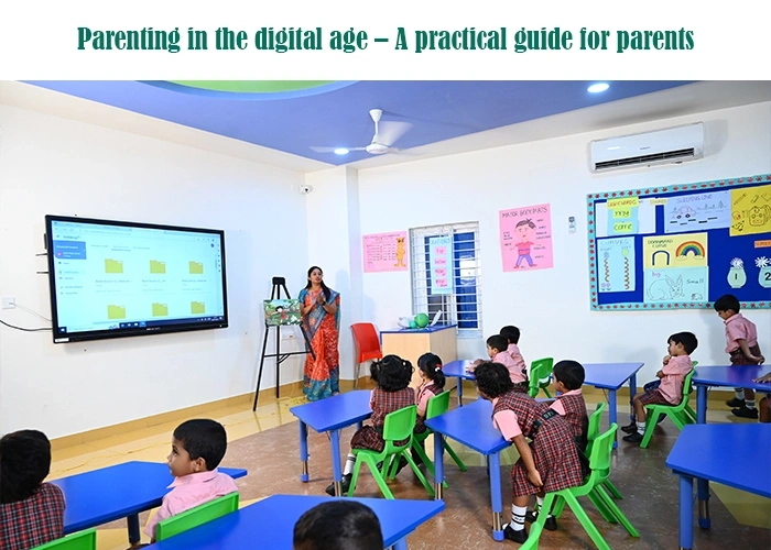 Teacher using a large digital screen to educate young students in a classroom.