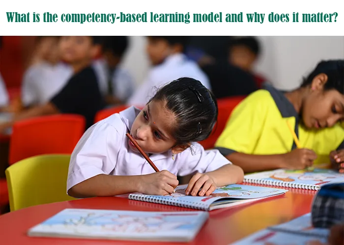 Young girl in uniform intently writing in a notebook, demonstrating focus on the Competency-Based Learning model.