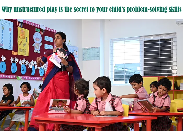 eacher reading a book to young students in a classroom, emphasizing the importance of unstructured play for problem-solving.