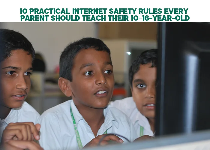 A group of school-aged children gathered around a computer, learning and browsing together, representing the importance of teaching practical internet safety rules to kids aged 10–16.