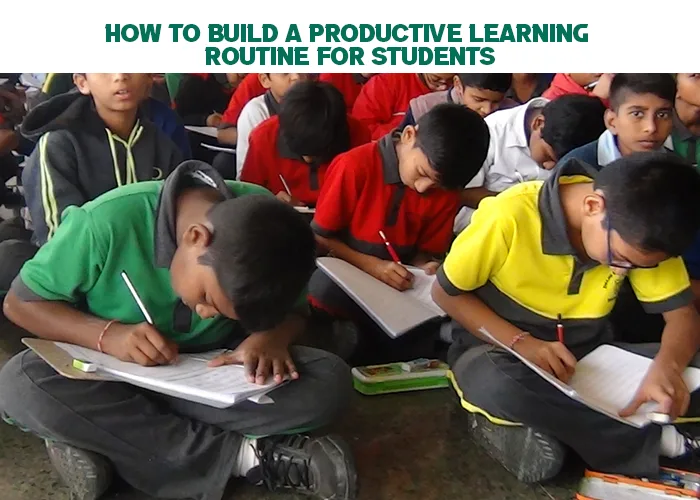 Students sitting together on the floor and focused on writing in their notebooks, illustrating the concept of building a productive learning routine for students.
