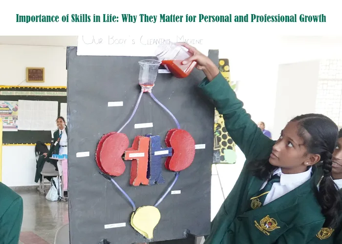 A group of school students demonstrating a kidney filtration model during a classroom activity, highlighting the importance of life skills in learning and personal and professional growth.