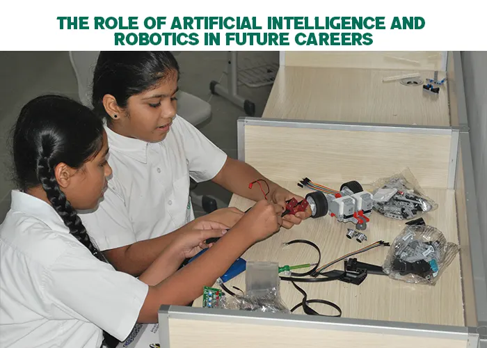 Two students working together on a small robotics project with tools and robot parts, representing how hands-on robotics and AI learning prepares students for future careers.