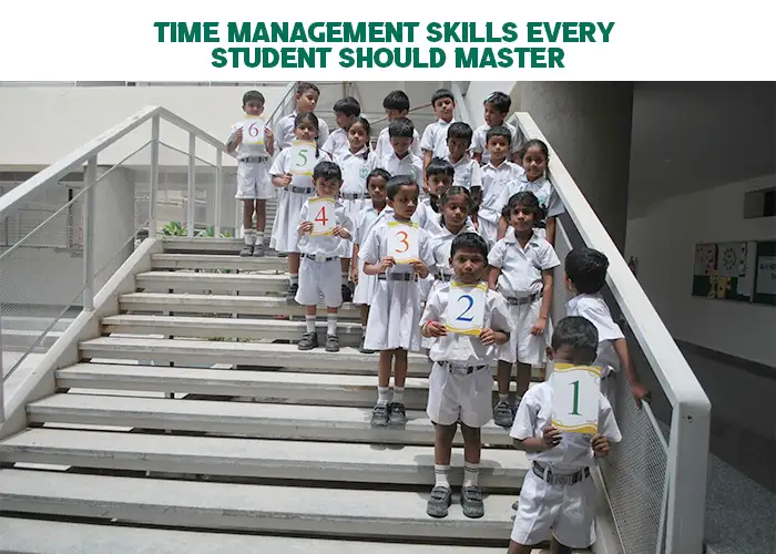 Students standing in an orderly sequence on school stairs, symbolizing time management for students through planning, discipline, and organized routines.