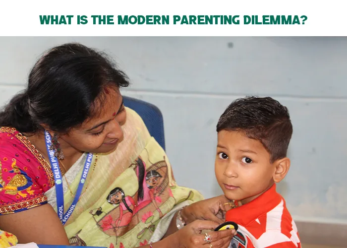 A mother helps her young child adjust his school badge, reflecting modern parenting challenges around nurturing independence, care, and emotional support in today’s fast-paced world.