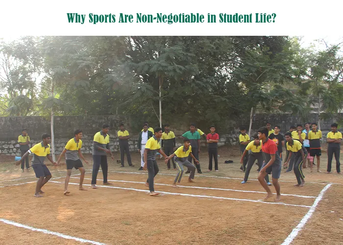 Students actively playing an outdoor team sport while classmates watch, highlighting the importance of sports in student life for physical fitness and teamwork.